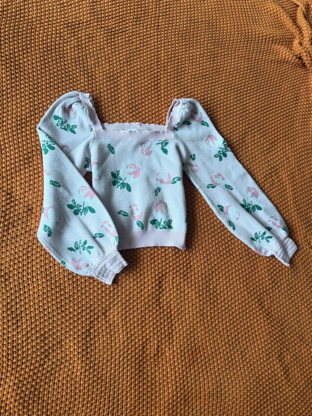 White Floral Square-Neck Sweater Top